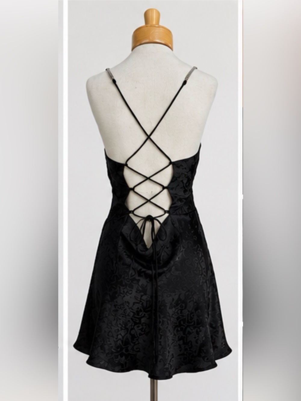 For Love & Lemons Satin Jacquard Lace-Up Back Mini Dress Black Size M - Picture 6 of 8